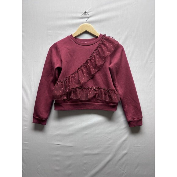 Franki By Francesca’s Girls 12 Burgundy Lace Ruffle Pullover Sweatshirt Frilly - Picture 1 of 7